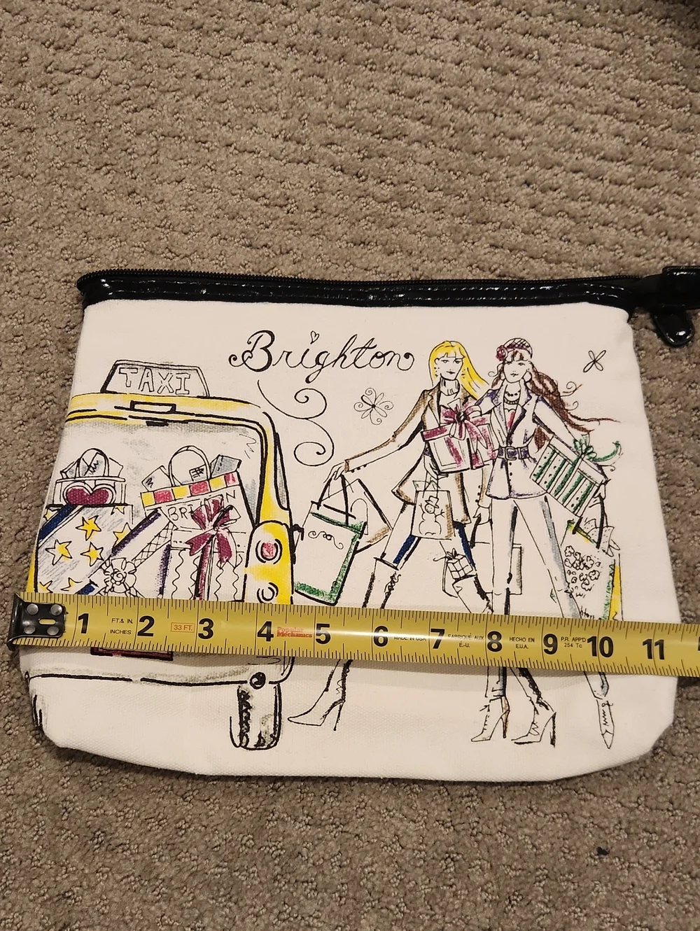 Brighton White Canvas Zip Pouch with Yellow Taxi Illustration